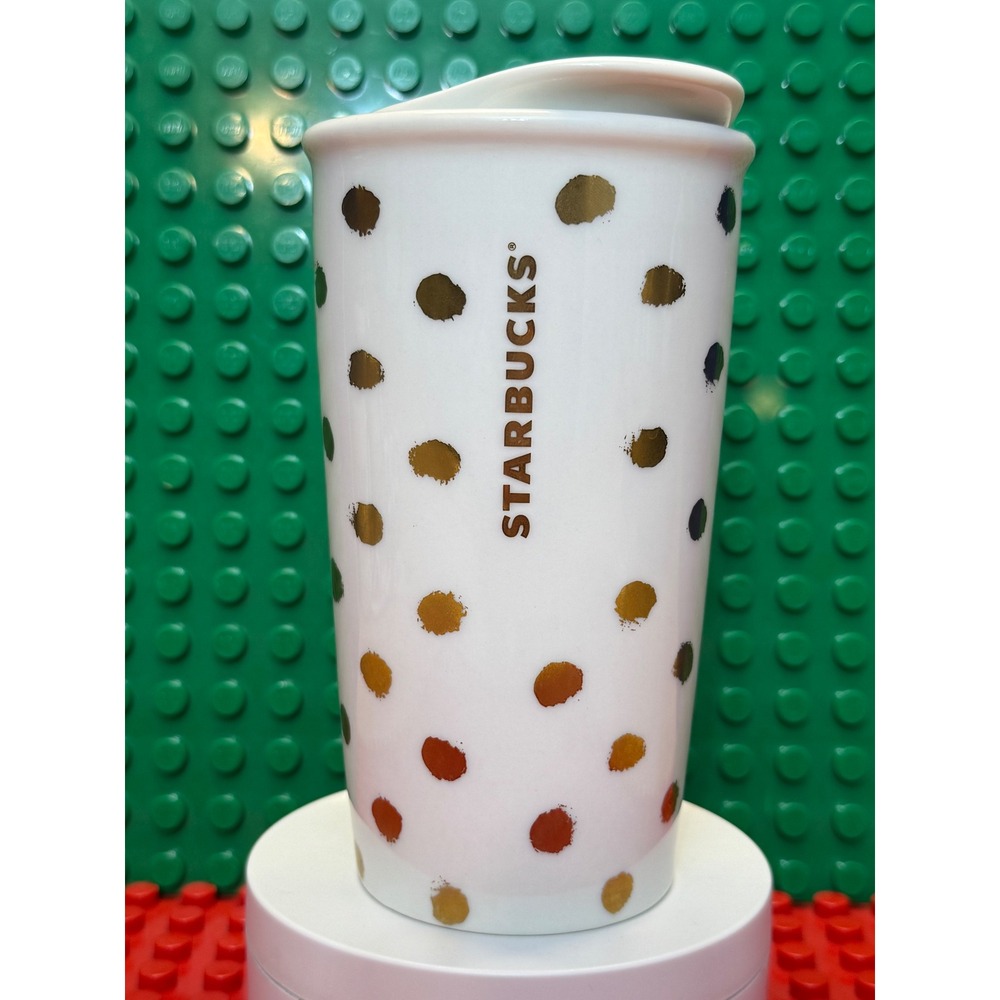 Starbucks 2014 Gold Polka Dot Ceramic Double Wall Traveler Tumbler Mug 10oz
